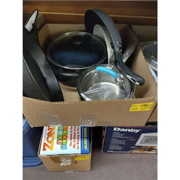 BOX OF COOKWARE INCL. CAST IRON FRYING PAN