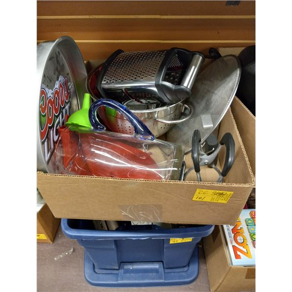 LOT OF COOKWARE, COORS LIGHT TRAY, BEER PITCHER, ETC.