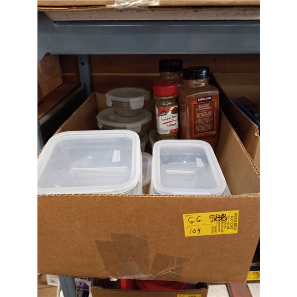 SET OF GLASS CONTAINERS W/LOCKING PLASTIC LIDS & SPICES