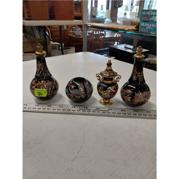 FOUR PIECE LADIES ELABORATE PAINTED PURFUME AND CANDLE SET