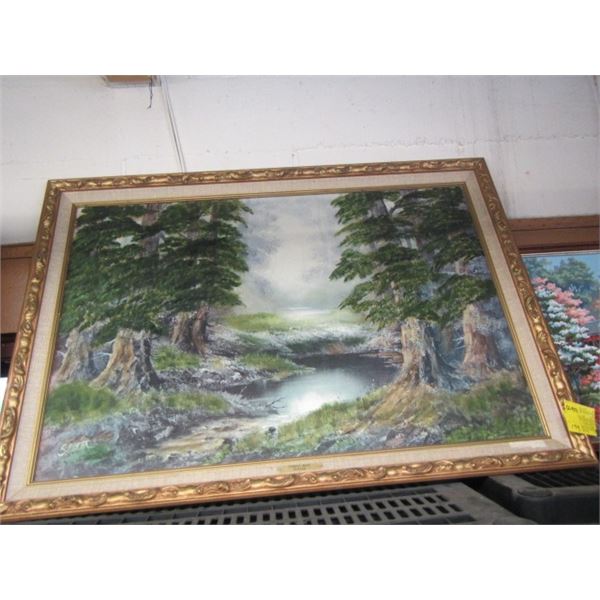 LARGE FRAMED ORIGINAL OIL OF STREAM AND FOREST