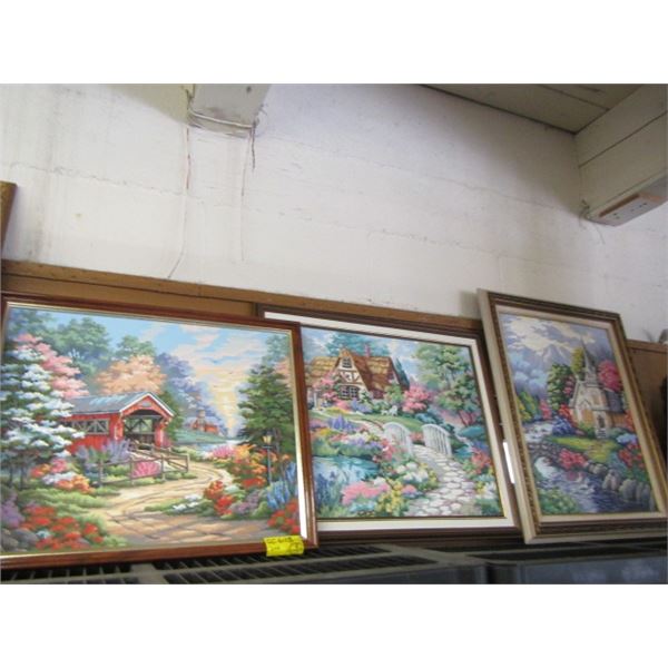 THREE FRAMED PICTURES OF BUILDINGS AND GARDENS