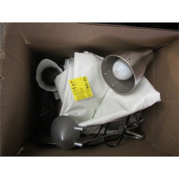 BOX OF CLAMPS, PLATTER AND CURTAINS ETC