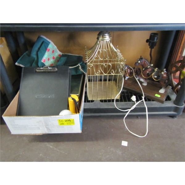 SMALL GOLD COLOURED BIRD CAGE, HORSE LAMP AND FLAT OF MISC