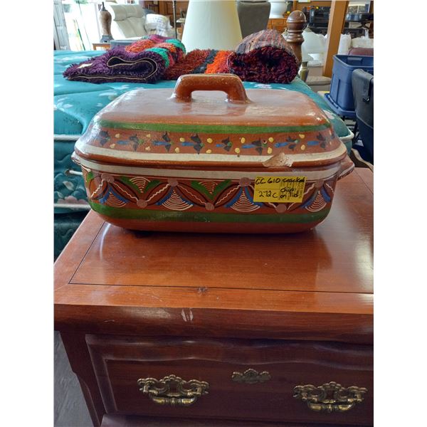 DECORATIVE MEXICAN DISH WITH LID, CRACKED ON BASE AND CHIPPED ON LID