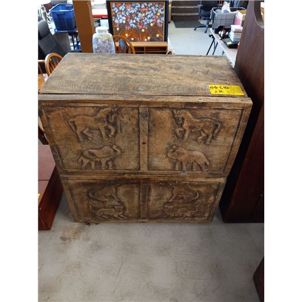 SMALL WOOD TWO DRAWER CABINET WITH HORSES, ELEPHANTS, WOLVES AND CAT