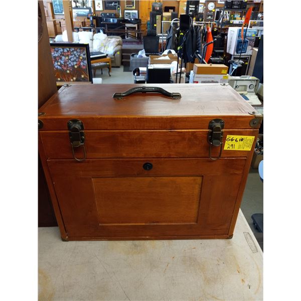 ANTIQUE WOOD MACHINEST BOX DROP DOWN FRONT WITH DRAWERS WITH KEYS