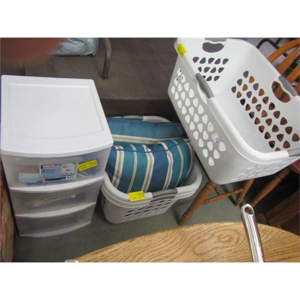 THREE LAUNDRY BASKETS, TWO PILLOWS AND PLASTIC 3 DRAWER ORGANIZER WITH DENTAL AND MEDICAL ITEMS