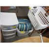 Image 1 : THREE LAUNDRY BASKETS, TWO PILLOWS AND PLASTIC 3 DRAWER ORGANIZER WITH DENTAL AND MEDICAL ITEMS