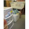 Image 5 : THREE LAUNDRY BASKETS, TWO PILLOWS AND PLASTIC 3 DRAWER ORGANIZER WITH DENTAL AND MEDICAL ITEMS