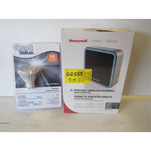 NEW HONEYWELL PORTABLE WIRELESS DOOR BELL AND LED DAY LIGHT BULB