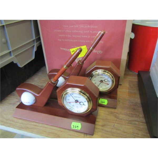 TWO LASERTEC QUARTZ GOLF CLOCK WITH PEN