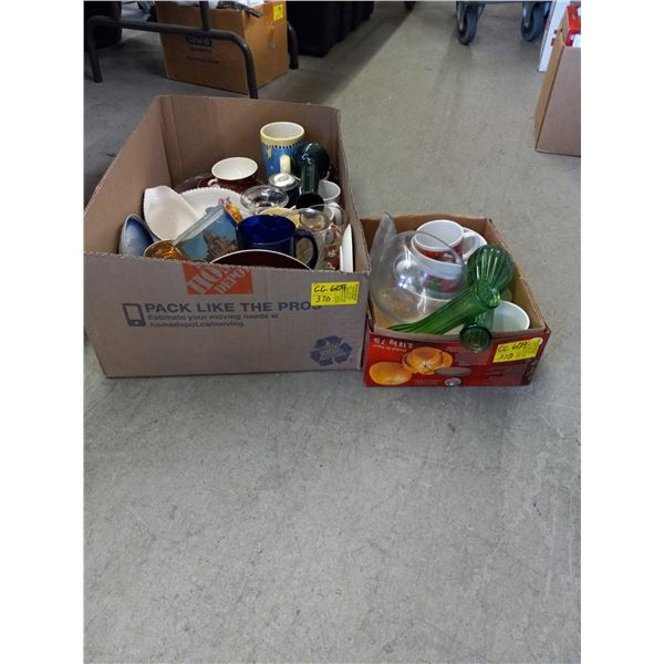 TWO BOXES OF GLASS WARE, COFFEE CUPS AND VASES