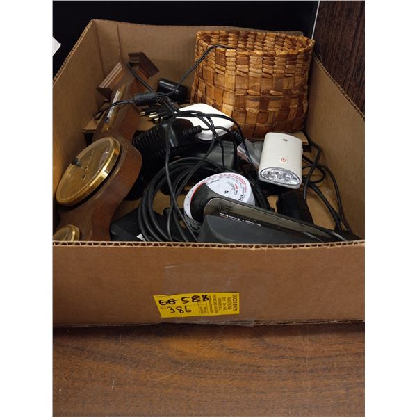 BOX WITH BAROMETOR, STAPLER, UNIVERSAL LAPTOP PLUG ETC