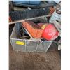 Image 1 : METAL CRATE WITH FIRE EXTINGUISHER, PUSH BROOM HEADS, JUMPER CABLES ETC.
