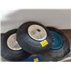 Image 1 : TWO MATCHING 4.00-6NHS TIRES ON RIM. ONE 4.80/4.00-8 TIRE ON RIM
