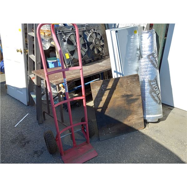 TWO WHEEL RED HAND TRUCK AND A 4 WHEEL CART