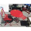 Image 1 : RED METAL FOLDING ROUND BISTRO TABLE AND TWO FOLDING CHAIRS