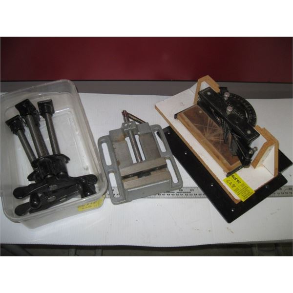 BIN OF CLAMPS, DRILL PRESS VISE, ETC