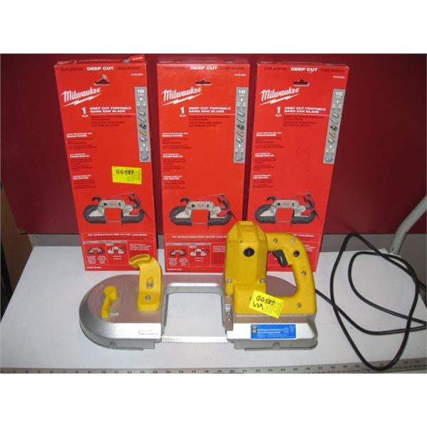 POWERFIST VARIABLE SPEED PORTABLE BAND SAW WITH 3 BOXES OF BLADES