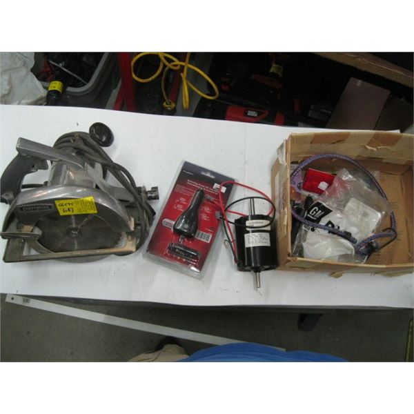 CRAFTSMAN 7 1/4 CIRCULAR SAW AND BOX OF ASSORTED ELECTRIC MOTOR, ETC