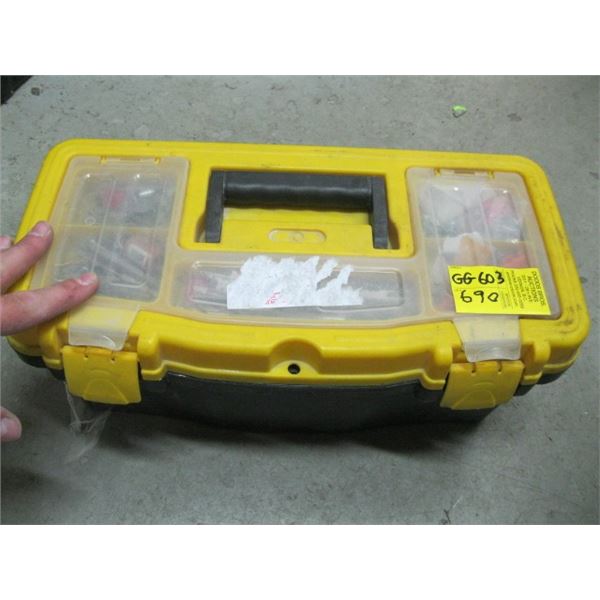 PLASTIC TOOL BOX WITH ASSORTED STAPLES ETC