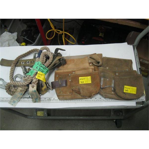 2 LEATHER TOOL POUCHES AND LOT OF SAFETY ROPE AND BELT