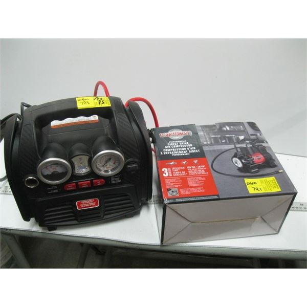 MOTOMASTER DIRECT DRIVE AIR COMPRESSOR IN BOX AND AN AS IS JUMP STARTER AND TIRE INFLATER