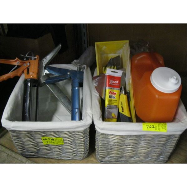 2 BASKETS WITH CHALKING GUNS TROWELS ETC