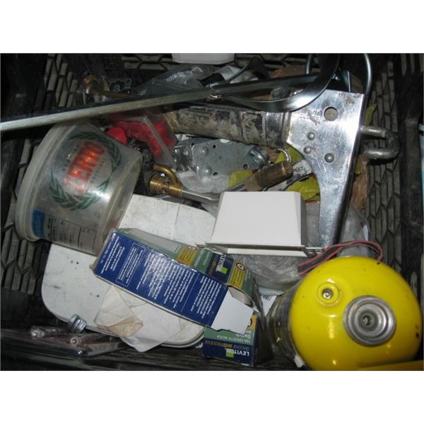 CRATE OF CAULKING GUNS, MIXER, TORCH ITEMS, ETC.