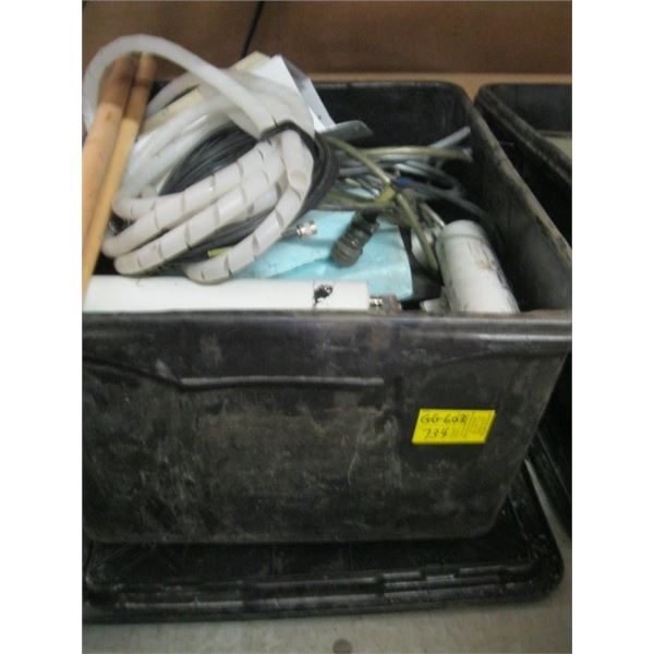 BIN OF ASSORTED CABLE CONNECTORS, ANTENNAE SPLITTER ETC