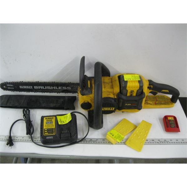 DEWALT 16" BRUSHLESS CHAIN SAW WITH BATTERY CHARGER AND TWO WEDGES