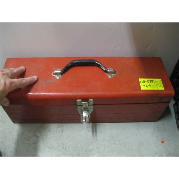 RED METAL TOOL BOX WITH ASSORTED TOOLS