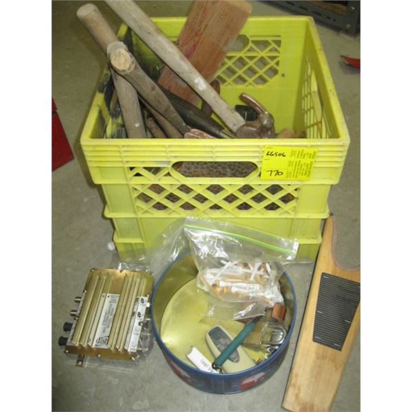 CRATE OF ASSORTED HAMMERS, ETC