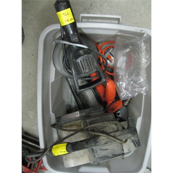 TOTE WITH MISC POWER TOOLS, SKILL SAW, DRILLS ETC