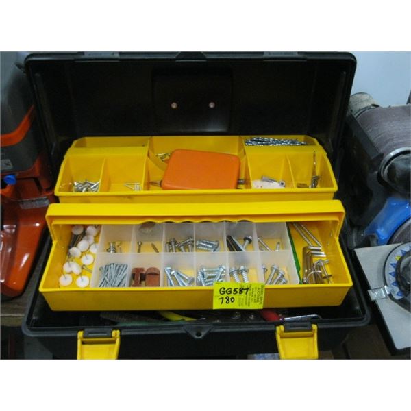 BLACK PLASTIC TOOL BOX WITH ASSORTED CONTENTS