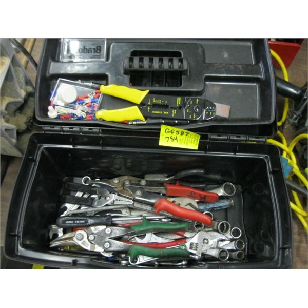 SMALL BLACK TOOL BOX WITH ASSORTED TOOLS