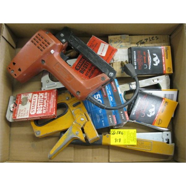 BOX OF STAPLERS AND STAPLES