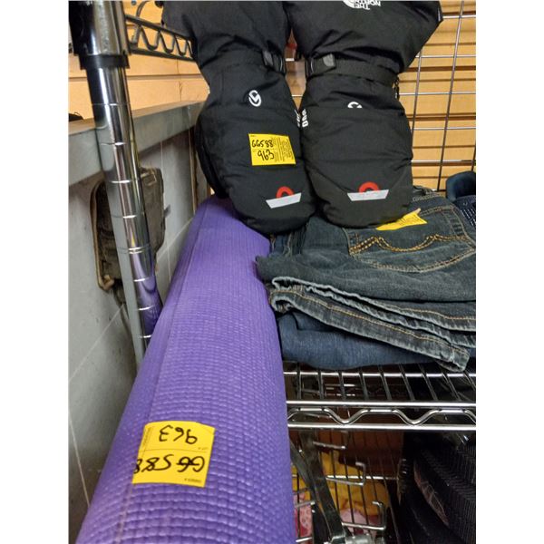 PURPLE YOGA MAT, PAIR OF NORTHERN FACE WINTER MITTS, AND 3 PAIRS OF NEW JEANS 30X30