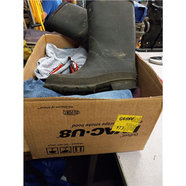 BOX OF SHIRTS, JEANS AND PAIR OF RUBBER BOOTS