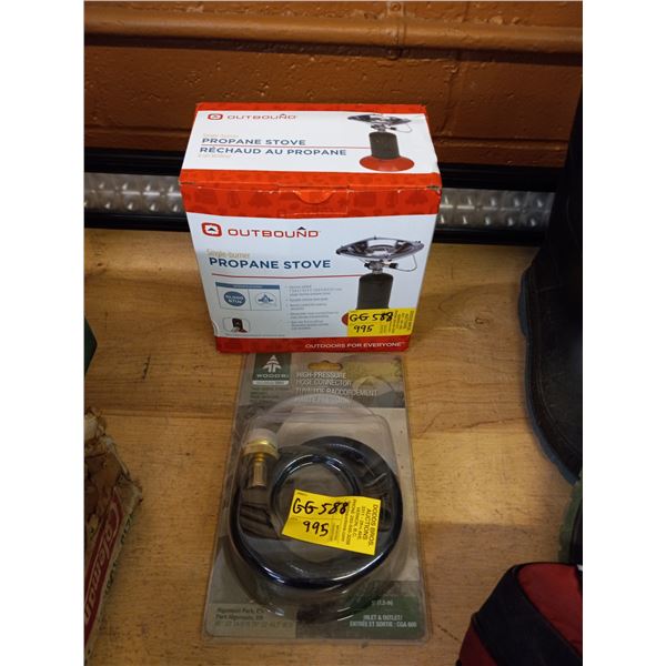 OUTBOUND SINGLE BURNER PROPANE STOVE IN BOX AND NEW WOOD HIGH PRESSURE HOSE CONNECTOR