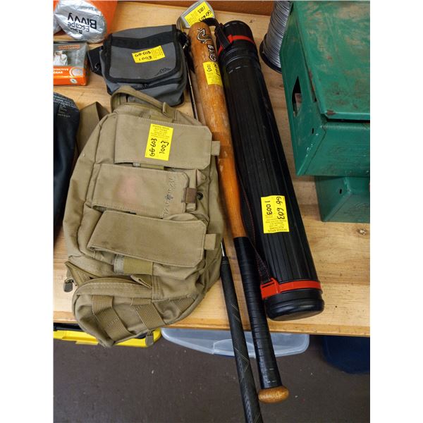 2 CARRY BAGS, BASEBALL BAT, GOLF CLUB AND BLACK PLASTIC CARRY CASE.