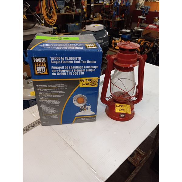 SMALL RED LANTERN AND A POWERFIST 10000-15000 BTU SINGLE ELEMENT TANK TOP HEATER