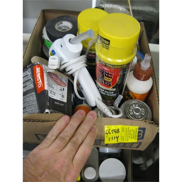 1 FLAT OF GLUE GUN, GLUES, TAPE ETC