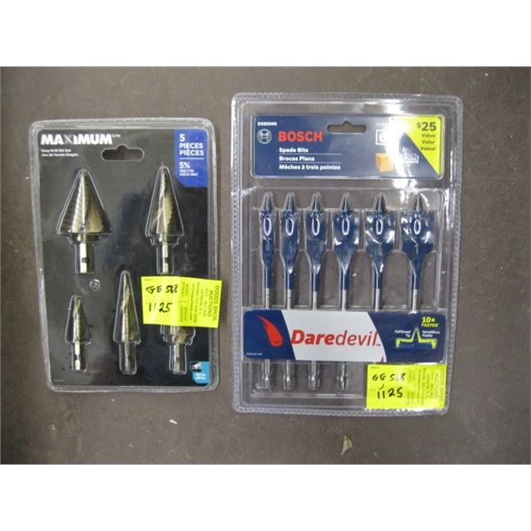 BOSCH 6 PC SPADE BIT SET AND MAXIM 5 PCE STEP DRILL BIT SET