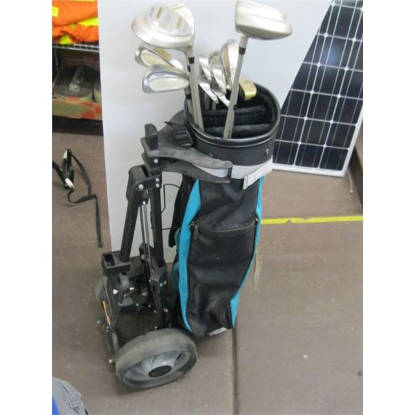 GOLF BAG ON CADDY WITH SPALDING CLUBS