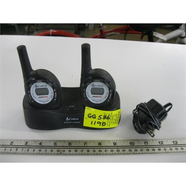 PAIR OF COBRA MICROTALK WALKIE TALKIES WITH DESK TOP CHARGER (NEED NEW BATTERIES)