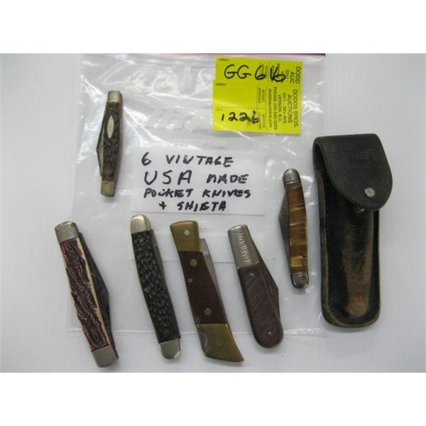 6 VINTAGE US MADE POCKET KNIVES PLUS ONE SHEATH