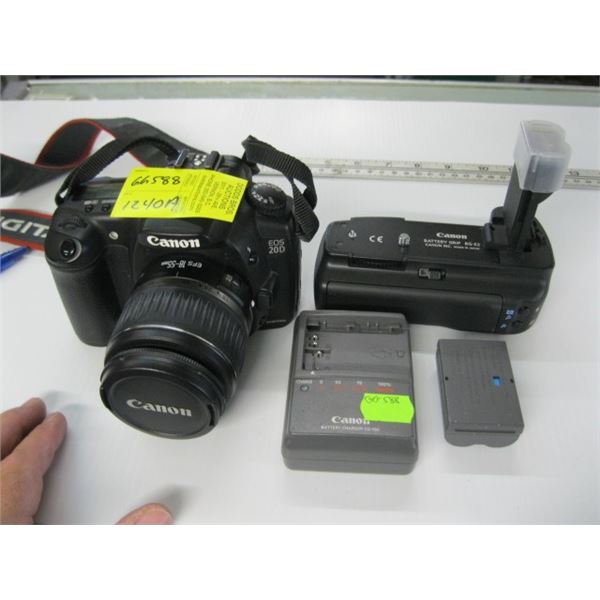 CANON EOS 20D DIGITAL CAMERA WITH A BOX OF FLASHES, BATTERY CHARGER, LENSES AND EXTRA BATTERY