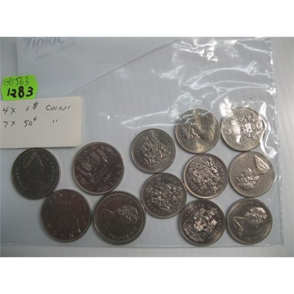 BAG OF 4X$1 COINS & 7 HALF DOLLARS (ALL CANADIAN)